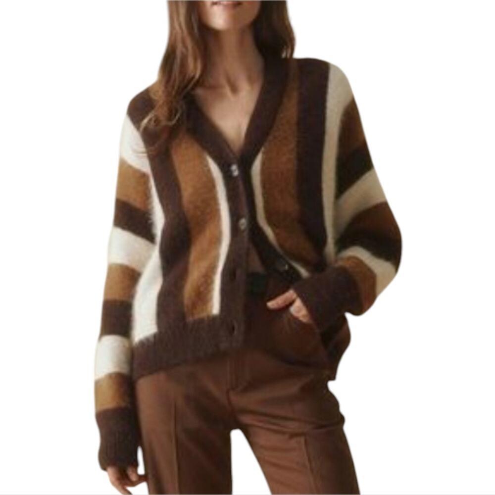 Industry Striped V-Neck Cozy Soft Fuzzy Cardigan Sweater Women's Size XL NEW